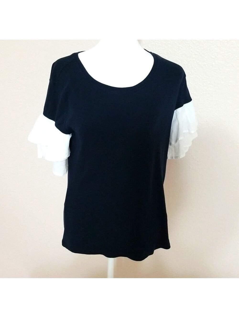 Tommy Hilfiger Top,midnight blue with short white layered sleeves. Size Medium.